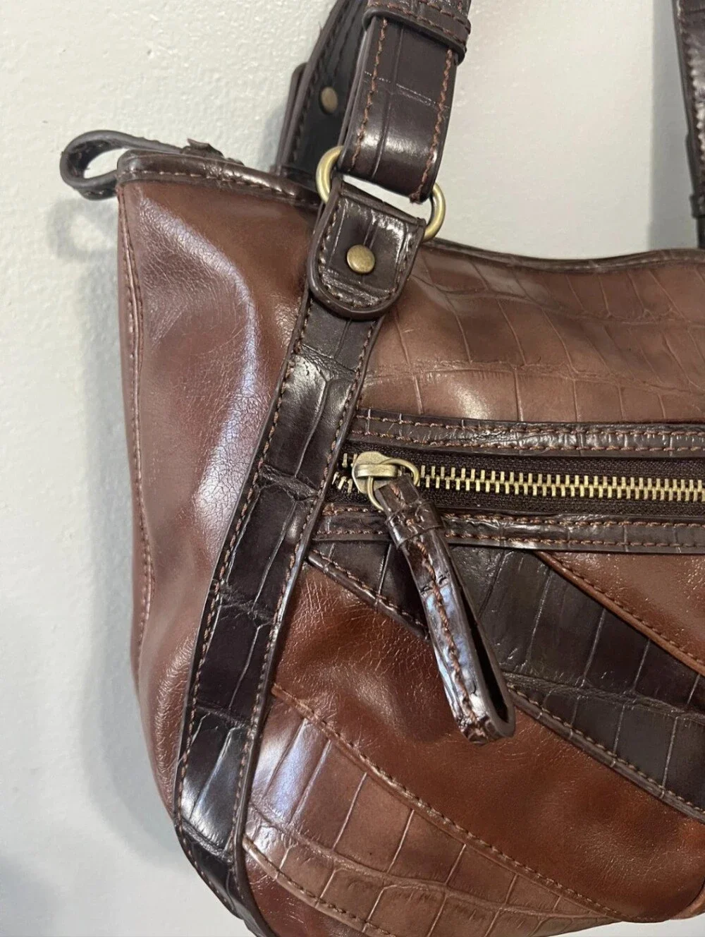Relic Patchwork Brown Bag - Crocodile Skin Effect Women's Handbag. Vintage Y2K" - Picture 4 of 10